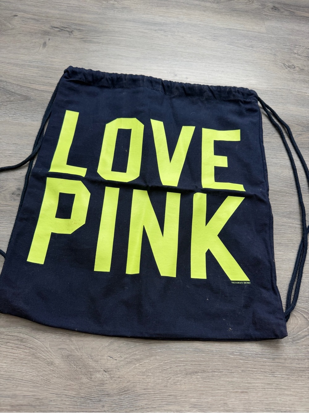 PINK Victoria's Secret Navy Drawstring Backpack with Lime 'LOVE PINK' Graphic